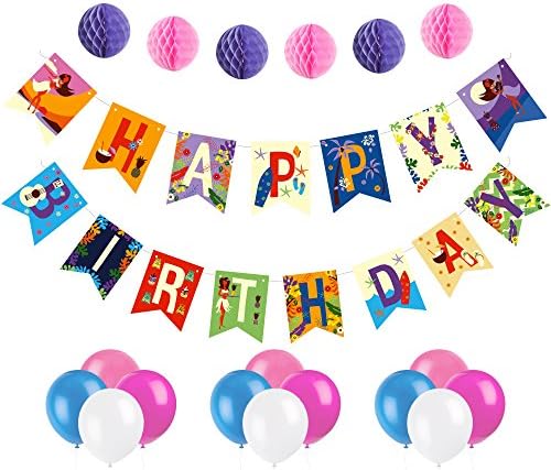 Hawaiian Luau Happy Birthday Banner - Party Decorations with 6 Multi-Colored Pom Pom Balls and 12 Balloons - Premium Quality Tropical Garland - Great Party Supplies for Summer Beach and Pool Parties