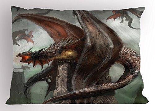 Lunarable Fantasy World Pillow Sham, Mythical Dragons Fire-Spewing Reptilian Serpent Beast Animal Monster, Decorative Standard Size Printed Pillowcase, 26 X 20 Inches, Teal and Brown