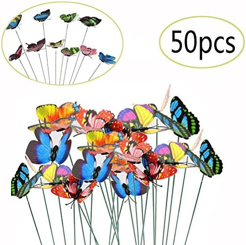 JUNTING 50PCS Butterfly Stakes 3D Wings Colourful Garden Butterflies On Sticks Butterfly Garden Stakes Miniature Fairy Garden Decorations