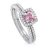 BERRICLE Sterling Silver Cushion Cut Pink Cubic Zirconia CZ Halo Engagement Wedding Bridal Ring Set