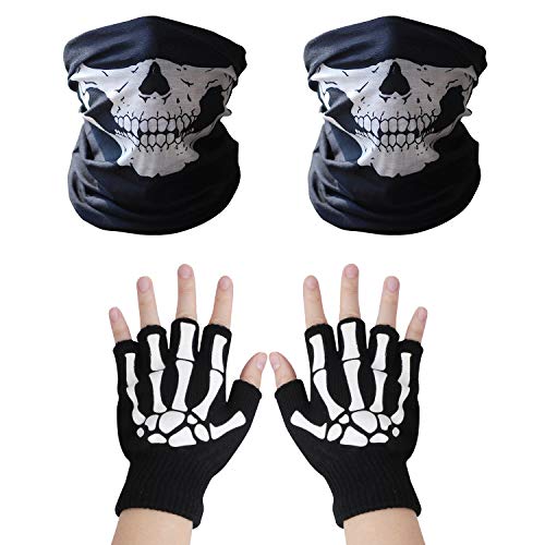 VIPITH 1 pair of Skeleton Gloves and 2-pack Skull Face Masks, Skeleton Pattern Glow in the Dark Knit Gloves and Seamless Multi Function Skull Tube Tubular Half Face Mask Headband Headwear Neck Warmer.