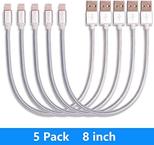 5Pack 8 inches Short Nylon Braided Cord Lightning Cable Certified to USB Charging Charger for iPhone 7,7 Plus,6S,6,SE,5S,5,iPad,iPod Nano 7 (Gray)