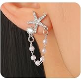 Gold Seashell Earrings Beach Jewelry for Women,Boho Starfish Shell Dangle Earrings Pearl Chain Drop Earrings,Trendy Ocean Jewelry Accessories Gifts