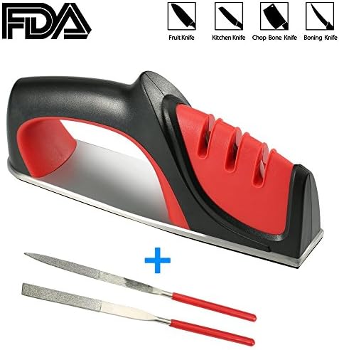 Knife Sharpener with Handler, FDA-Approved Anti-skidding 3-Stage Kitchen Knife Sharpener for Straight Tungsten/Diamond/Ceramic Knives, Extra Knife Sharpener Sticks for Serrated Knives Included