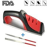 Knife Sharpener with Handler, FDA-Approved Anti-skidding 3-Stage Kitchen Knife Sharpener for Straight Tungsten/Diamond/Ceramic Knives, Extra Knife Sharpener Sticks for Serrated Knives Included