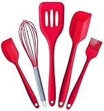 Kywo Silicone Spatula Kitchen Set Of 5 Best Solid Hygienic Heat Resistant Baking & Cooking Utensils With Slotted Turner,Whisk,Large & Small Spatulas And Brush (red)