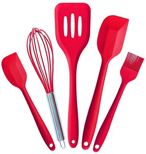 Kywo Silicone Spatula Kitchen Set Of 5 Best Solid Hygienic Heat Resistant Baking & Cooking Utensils With Slotted Turner,Whisk,Large & Small Spatulas And Brush (red)