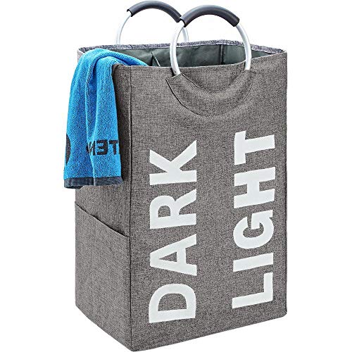 HOMEST Double Laundry Hamper with Handle, Self-Standing Modern Laundry Basket for Dorm Room, Grey
