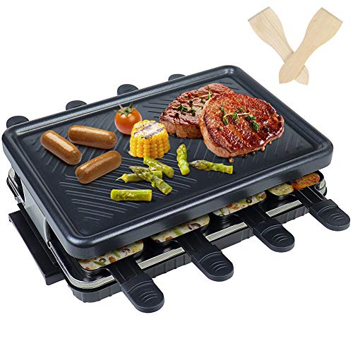 Raclette 8 Personen - Antihaft-Beschichtung Raclette Grill Elektrisch mit 8 Mini Raclette Pfännchen 2 Holzspatel…