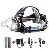 Waterproof 5000Lm LED Headlamp with 4 Mode-Hands Free Headlight Flashlight Torch+2 Pcs18650 Rechargeable Batteries+AC Charger+Car Charger for Camping Biking Hunting Fishing Outdoor Sports