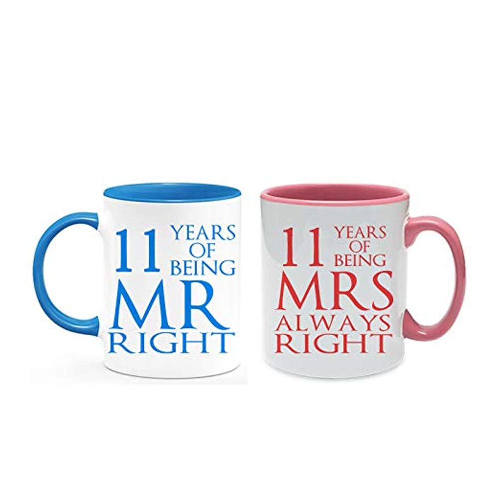 Being Mr Right & Mrs Always Right Set of 2 Wedding Anniversary, Valentines Day, Coloured Couple Mug Set. (11 Years)