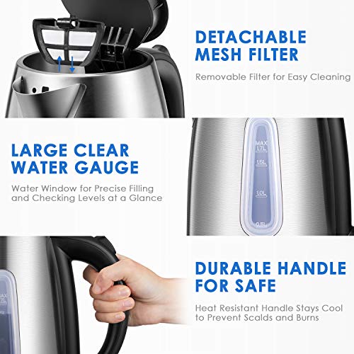 Deik Electric Kettle Stainless Steel Cordless Tea Kettle with British Strix Control, 1.7-Liter Water Kettle 1500W Fast Boiling, Hot Water Kettle Electric with Auto Shut-Off, BPA-Free - Thumbnail 4