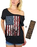 Awkwardstyles American Flag Distressed Off Shoulder Tops T-shirt + Bookmark