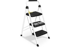 SocTone 3 Step Ladder, Folding Step Stool for Adults with Handle, Lightweight, Perfect for Kitchen& Household, 500lbs Capacity Sturdy Steel Ladder White