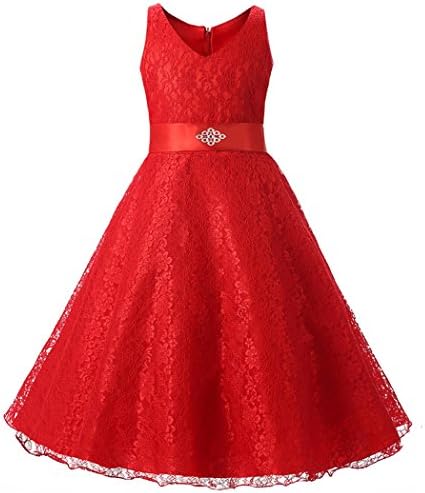 Big Girls Floral Lace Pageant Wedding Bridesmaid Flower Dress with Beaded Sash Red 11-13 Years