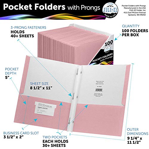 FILEEZ TwoPocket Folders with 3Prong Fasteners, Pink Color, 100Pack
