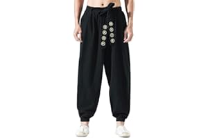 HAORUN Men Chinese Style Kung Fu Pants Tai Chi Loose Trousers Linen Casual Retro Wide Leg, Black, Large