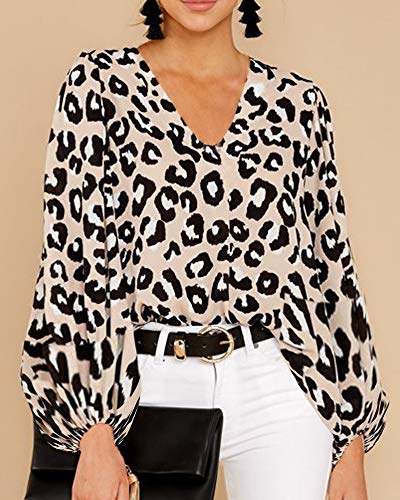 Imysty Womens Oversized Lantern Sleeve Chiffon Blouse Tops Casual Loose V Neck Shirts Pullover (Medium, Leopard)