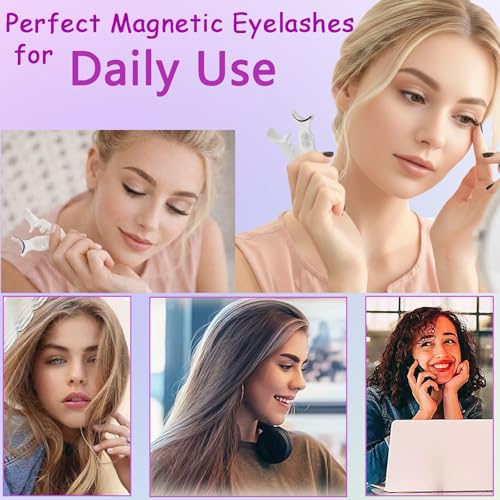 Magnetic Eyelashes with Applicator – 3 Pairs Reusable Magnetic Lashes Natural Look, Wispy Strip & 3/4 Half False Eyelashes Kit, No Glue Needed, 4 Magnet Upgrade,Elegant Black Lash Box with Mirror