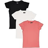 MISS POPULAR Girls 3-Pack Super Soft Sueded Crew Short Sleeve T-Shirts White Black Pink|Sizes 7-16