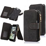 iPhone 7 Case, CaseUp 12 Card Slot Series - [Zipper Cash Storage] Premium Flip PU Leather Wallet Case Cover With Detachable Magnetic Hard Case For Apple iPhone 7 (4.7 Inch) - Black