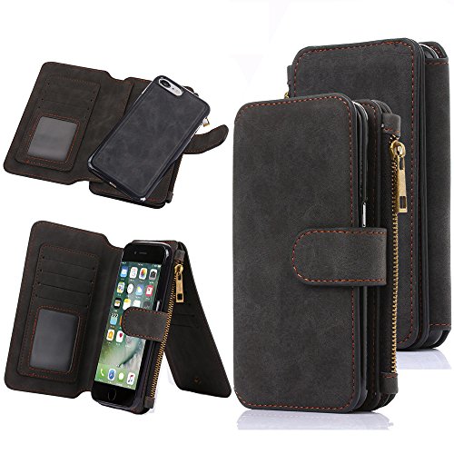 iPhone 7 Case, CaseUp 12 Card Slot Series - [Zipper Cash Storage] Premium Flip PU Leather Wallet Case Cover With Detachable Magnetic Hard Case For Apple iPhone 7 (4.7 Inch) - Black