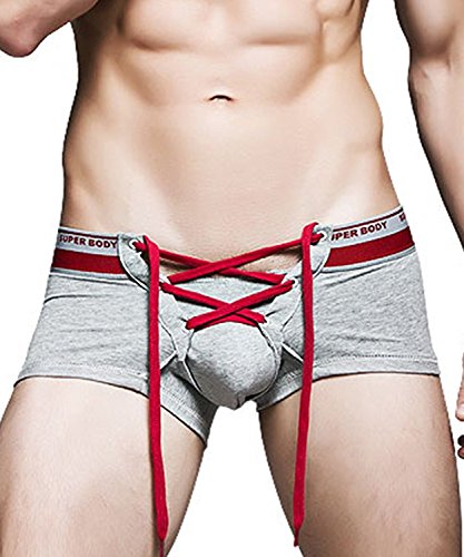 Banana Bucket Men's Sexy Lingerie Cotton Tie Rope Cute Boxer Brief Underwear Panties (US M = Asian Tag XL, Grey#1)