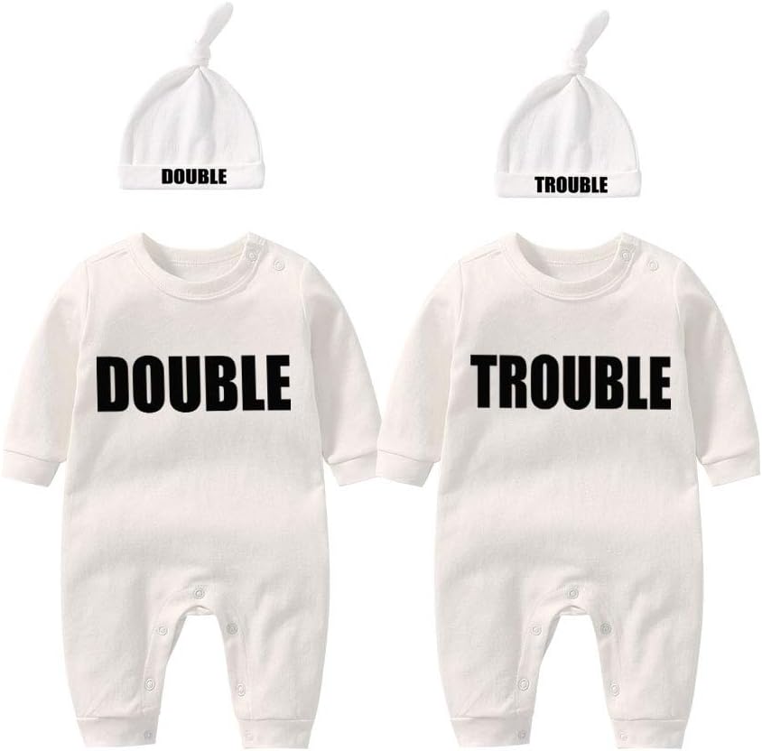culbutomind Twins Baby Bodysuits Double Trouble Cute Outfit with hat Baby Pajamas New Born Girl Clothes Twins Gift