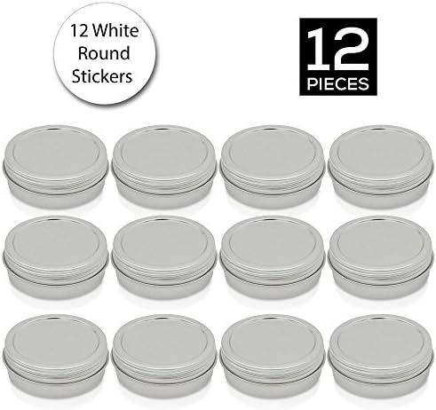 [12 Pack] Simba Homes™ Screw Top Round Steel Tin Cans 1 oz (30 ml) with Self Adhesive White Round Stickers