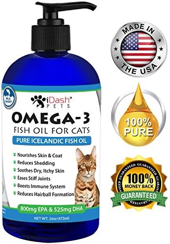 Ultra Pure Omega 3 Fish Oil for Cats– Reduces Shedding &amp; Hairball Formation, Soothes Dry Itchy Skin, Rich Source of Essential EPA/DHA Fatty Acids, Fresh Wild Caught Cat Fish Oil, Odor Free, 16 oz pump