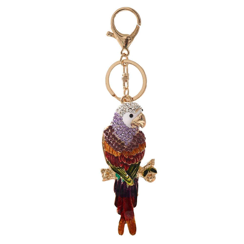 Parrot Rhinestones Keychain,Gold Bling Crystal Charm Keyring Pendant (Purple)