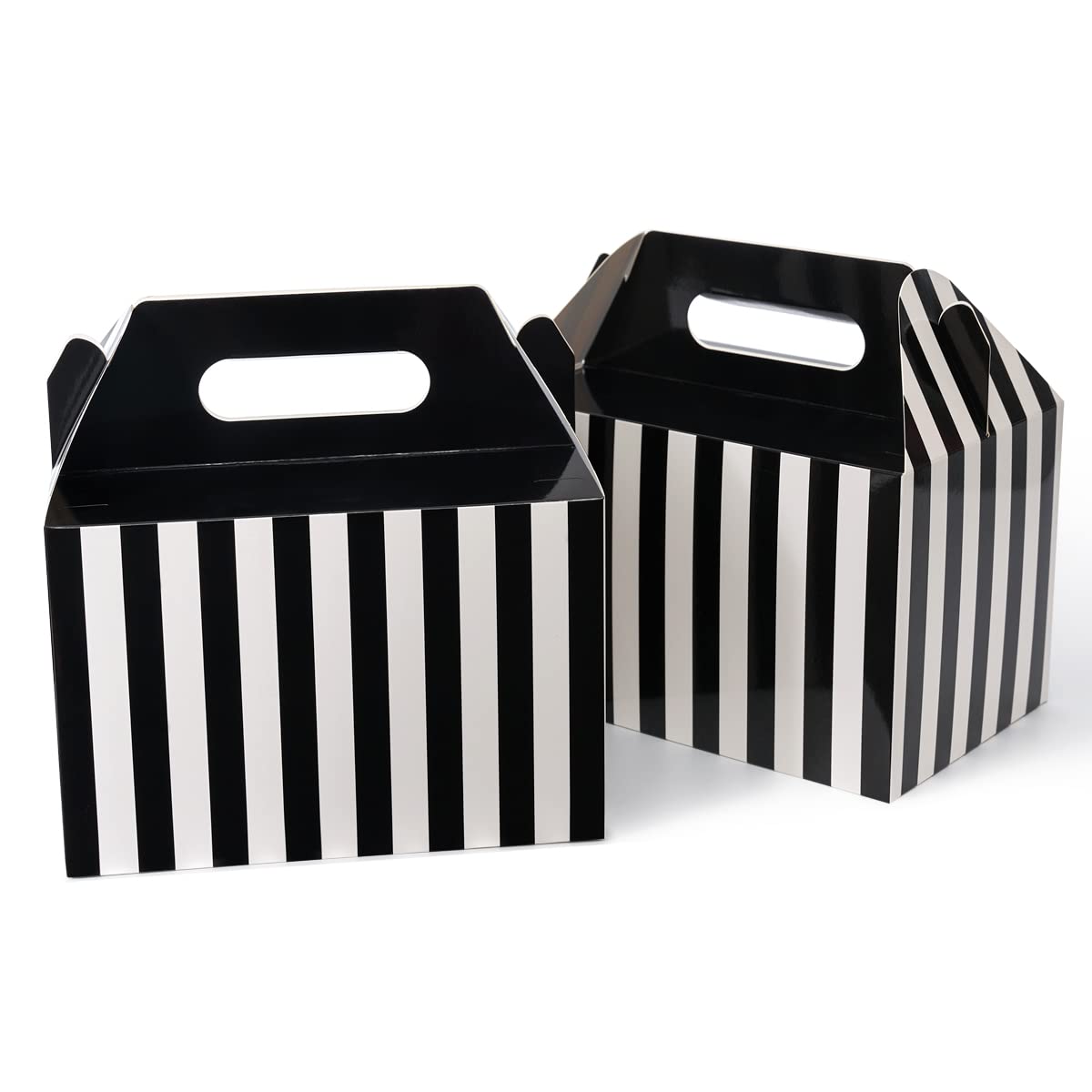 Photo 1 of Happyhiram 30 Pcs Large Treat Boxes with Handles Black and White Stripes, 9x6x6 Gable Gift Boxes Barn Carry Out Box Recyclable Paper Packaging for Graduation Lunch