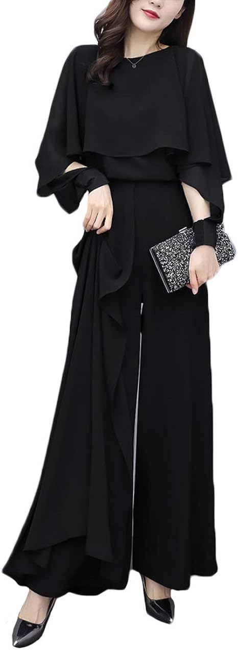 Amazon ユワンyuwan パンツドレス パーティードレス セットアップ レディース 上下セット パンツスーツ 結婚式 フォーマル 通勤 入学式 入園式 卒業式 長袖 ブラック L オールインワン 通販