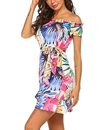 Sweetnight - Vestidos de verano para mujer, estilo hawaiano tropical, casual, con hombros descubiertos, para la playa