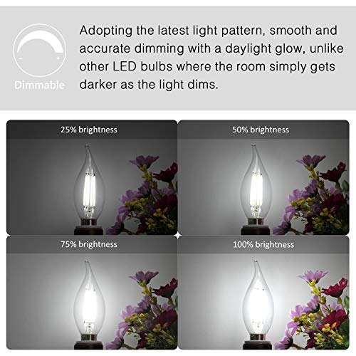 Boncoo E12 Candelabra LED Bulbs Dimmable 60W Equivalent LED Chandelier Light Bulbs 6W Daylight White 5000K 550LM CA11 Flame Tip Vintage LED Filament Candle Bulb with Decorative Candelabra Base 6 Packs - Thumbnail 3