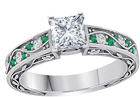 Stunning 1.00 CT Princess Cut Simulated CZ Diamond & CZ Green Emerald .925 Sterling Silver Plated Flower Look Cute Engagement & Wedding Ring for Womens