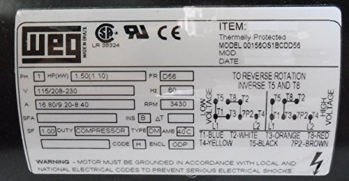 New WEG 1.5HP Electric Motor Fan Pump Compressor General purpose 56 frame 3430 rpm 1 phase 115/230VAC - Thumbnail 3