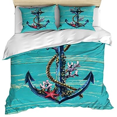 Bedding Duvet Covers Set 3 Piece Set, Teal Anchor Rustic Wood California King Duvet Cover and 2 Pillow Cases Set, Ocean… 51MEV359MqL
