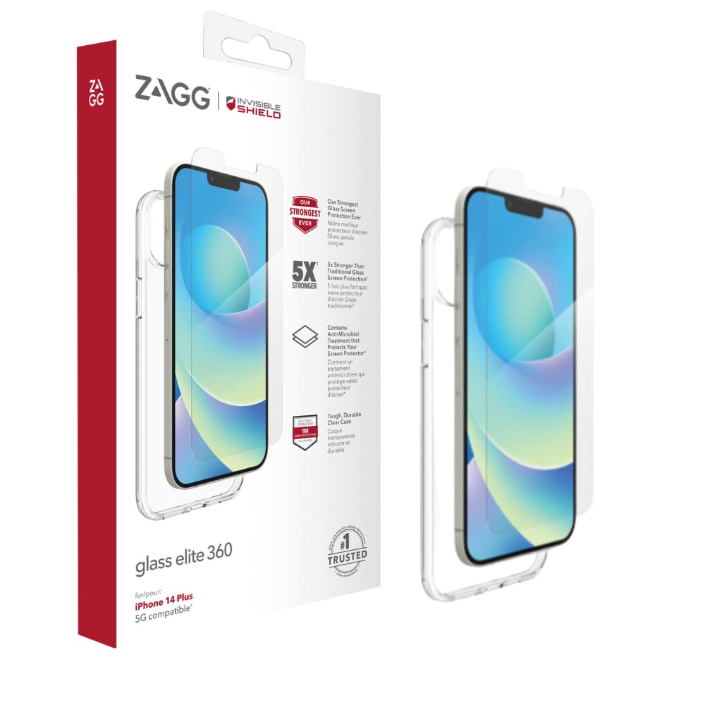 ZAGG InvisibleShield Glass Elite 360 Screen Protector & Clear Case Bundle Compatible for iPhone 14 Plus, Slim, Anti-Microbial, Shockproof, Smudgeproof, Scratch Resistant, (Clear)