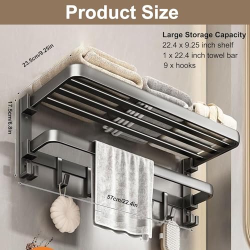 60 cm Wall Mounted Towel Rack for Bathroom, 24 Inch Foldable Matte Towel Shelf with Bar and Movable 9 Hooks, Space Aluminum Rustproof Towel Organizer for Bathroom, Shower, and Hotel Use