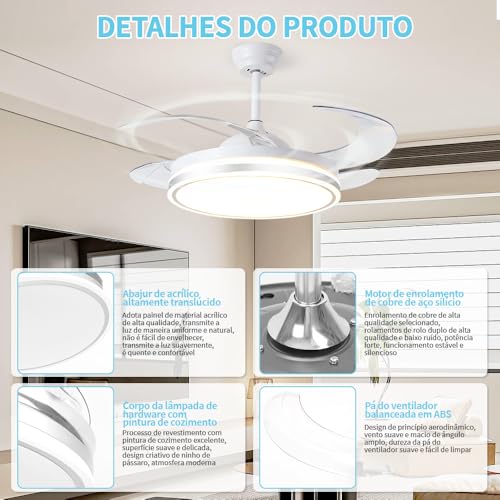 Ventilador de Teto 107CM Branco, Inverter de 6 Velocidades, Ventilador de Teto com Controle Remoto, 4 Pás, Diâmetro da Lâmpada 49cm, Controle Remoto, LED 72W 3 Cores Altermáveis