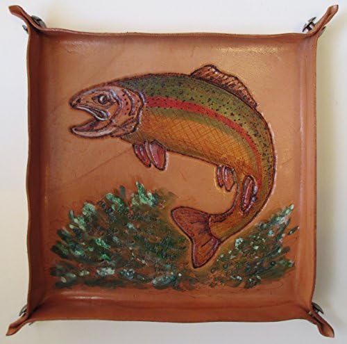 Valet Tray Genuine Leather. Beautiful Tooled Leather Art. Rainbow Trout. Approximate size 6 inches x 8 inches. Great place to keep car keys, loose change.