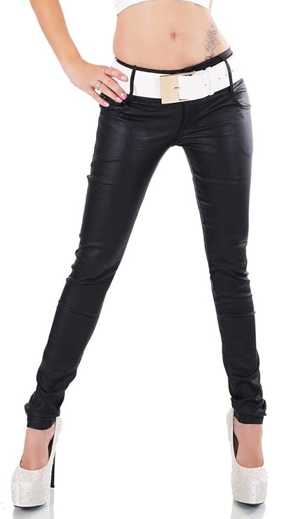 Label by Trendstylez Sexy Damen Stretchose Leder-Optik Wetlook mit XXL-Gürterl schwarz WH786