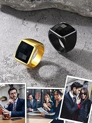 U7 Mens Black Onyx Rings 18K Gold Plated Stainless