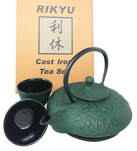 Click Here to See More Images Japanese Evergreen Bamboo Forest Green Heavy Cast Iron Tea Pot Set With Trivet and Cups Set Serves 2 Beautifully Packaged in Teapot Gift Box Excellent Home Decor Asian Living Gift Housewarming