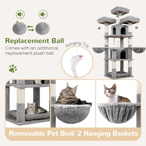 Globlazer Stable Cat Scratching Post 174 cm with 3 Padded Perches, 2 Cat House, 2 Baskets, Removable Pet Bed, Sisal Posts, Castle Cat Tree for 2-4 Adults Cats Indoor (F68B, Light Grey)