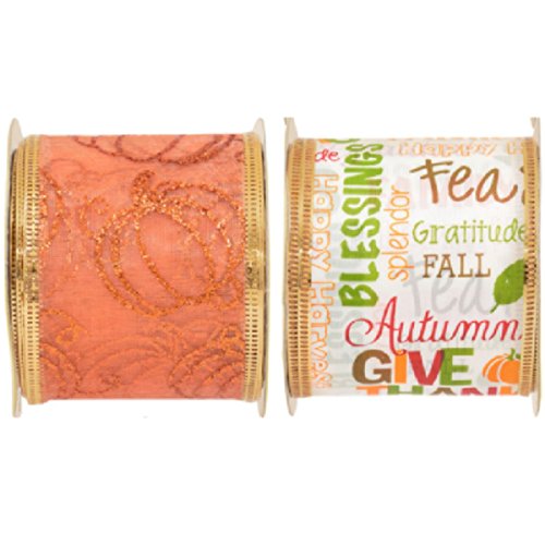 Thanksgiving Wire-Edged Ribbon Bundle 2.5 Inches Wide by 9 Feet (2 Rolls, Harvest/Orange)