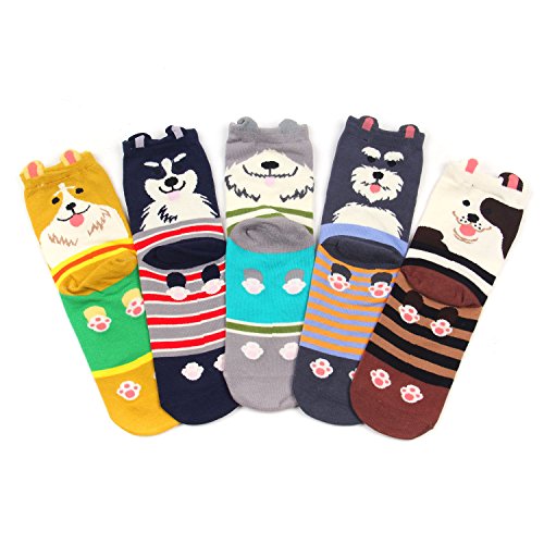 Cartoon Cotton Dog Crew Socks - KEAZA Package Novelty Liner Socks for Women 5-pack WZ10 (C1)