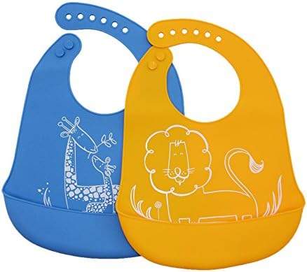 Waterproof Soft Silicone Baby Bib With Large Food Catcher Pocket,Easy To Wipe Clean Bacteria Resistant Cute Bibs for Babies or Toddlers ,Set of 2 Colors