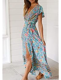 LOVINO Maxi Vestidos para Mujer Verano Bohemio Floral Vestido Envoltura V Cuello Manga Corta Split Flowy Beach Party Maxi Vestido
